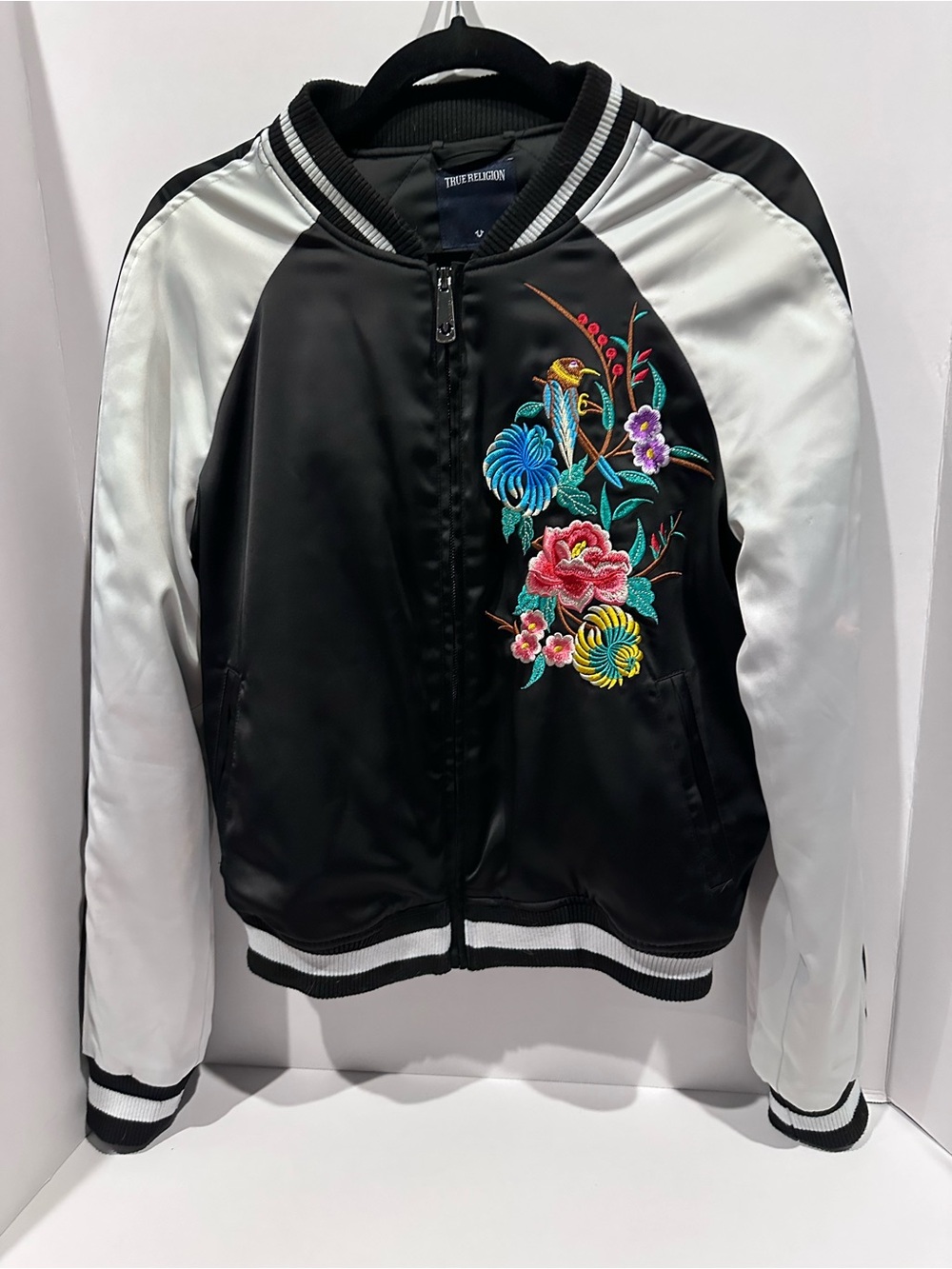 JKT700 - True Religion Embroidered Floral Bird Satin Bomber Jacket Size S